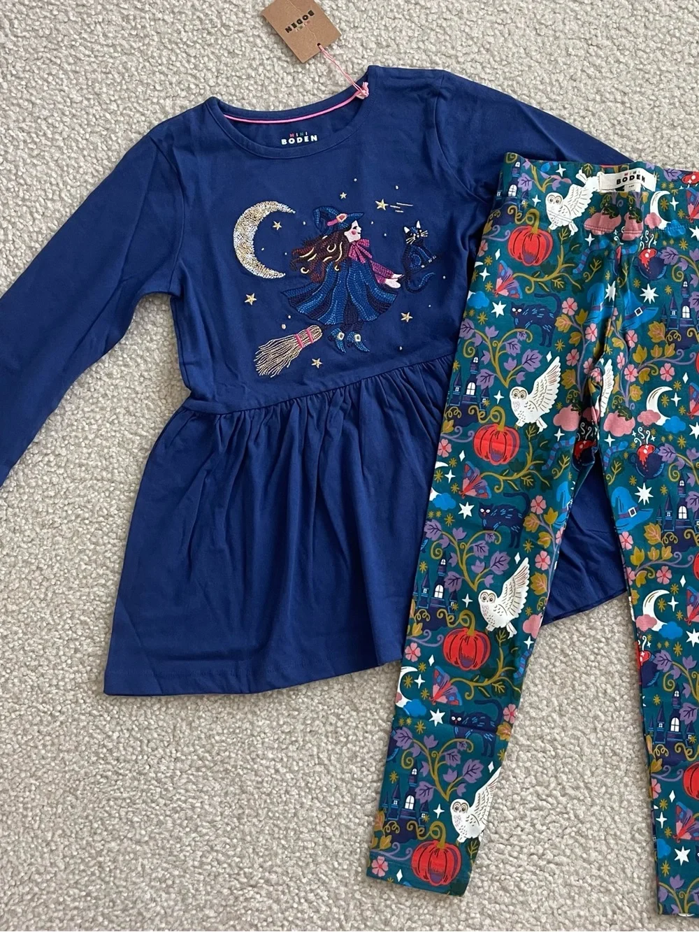 NWT Mini Boden Girls 2pc Tunic & Leggings Set Witch Halloween Blue 7-8y